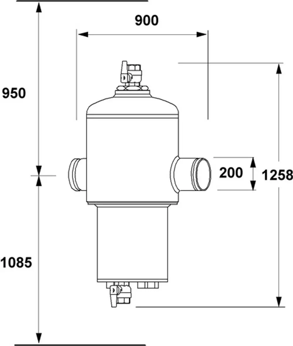 Zeichnung eines vertikalen Abscheiders mit Schweißanschluss und mehreren Anschlussmöglichkeiten. Produkt von IMI Hydronic Engineering. Maße und technische Details sind grafisch dargestellt.